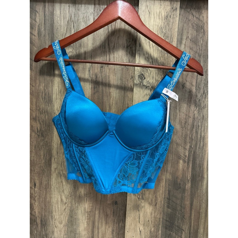 Victoria's Secret Very Sexy Push Up Bra 36B Teal Corset New With Tags Rhinestone